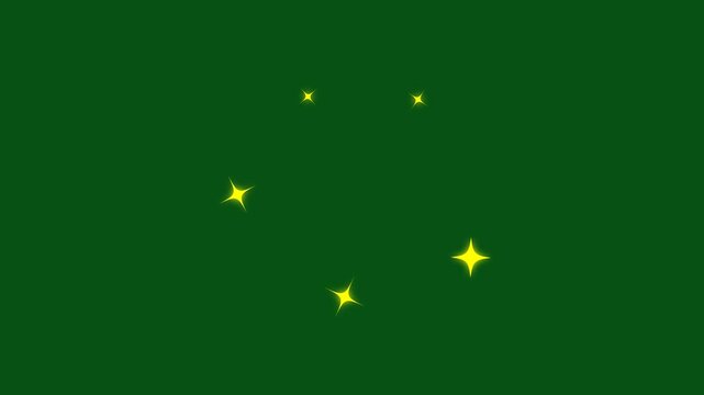 Glowing and twinkling star motion graphics on green screen background. Shine effect sprite sheet for motion design. Glow twinkle movement timeline, energy explosion video.