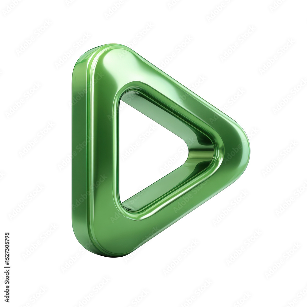 Poster green metallic play button icon 3d render shiny triangle geometric shape modern design element digit