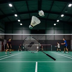 Badminton players are seen on an indoor court during a match, with shuttlecocks frozen mid-flight, conveying the speed and agility of the game.