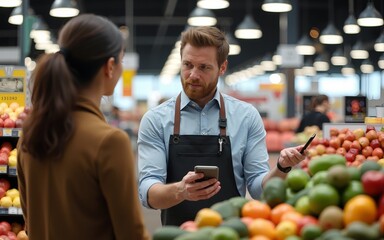 Customer complaining to cashier at supermarket checkout. High quality