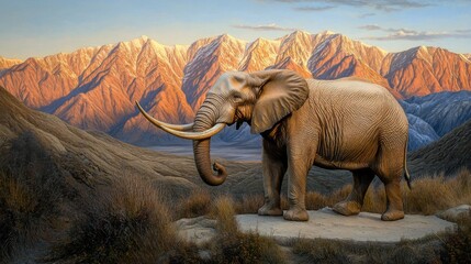 Fototapeta premium Elephant in Warm Lighting Near Majestic Mountain Range