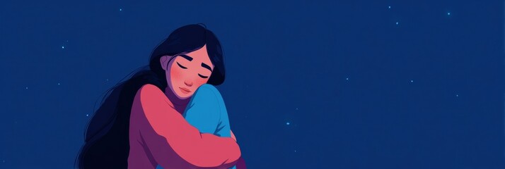 Digital Avatar Wraps Arms Around Self in a Serene Night Setting, Creating a Feeling of Comfort and Introspection Amidst a Starry Expanse