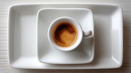 Espresso in a white cup placed on nested square plates