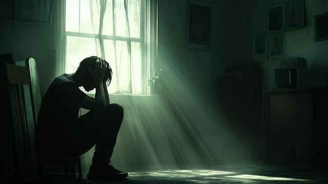A Sad Young Man Sits Alone in a Dark Room, Sunbeams Streaming Through a Window