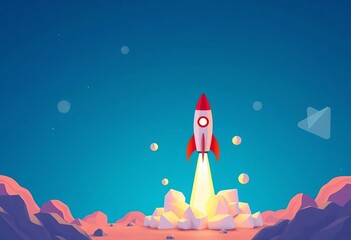 Fototapeta premium Isometric illustration of a rocket launching, symbolizing a successful startup, momentum, ambition