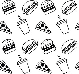 Black and white seamless pattern of fast food icons burgers hot dogs pizza and soda