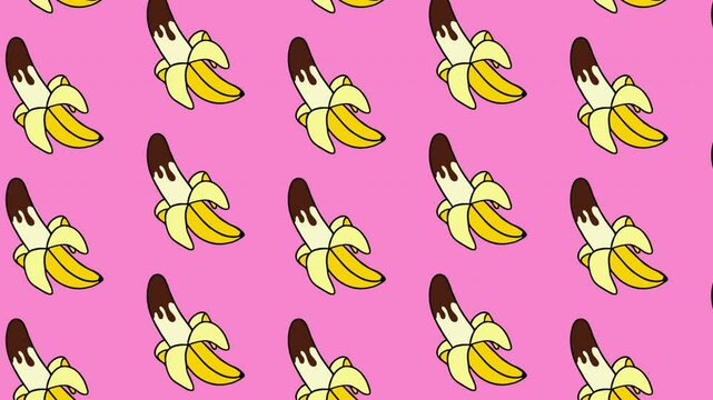 banana with melted cocolate animated pattern banner on pink background viideo footage