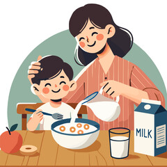 Mother Pouring Milk for Son Eating Cereal Illustration in Flat Design