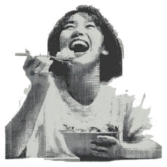 Woman eating and laughing loud isolated on transparent background