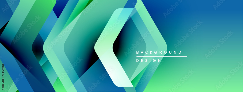 Poster abstract geometric shapes overlap, creating vibrant blue, green gradient. modern design suggests tec