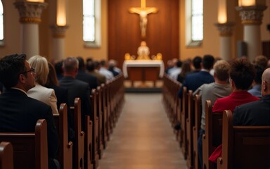 Group of people sitting in church pews listening to sermon. High quality