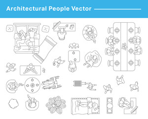 CAD Drawings. Set people outlines isolated on grey background. Sitting, walking, running. Top view. Vector illustration.	