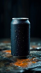A dark, condensationcovered can rests on a rustic surface