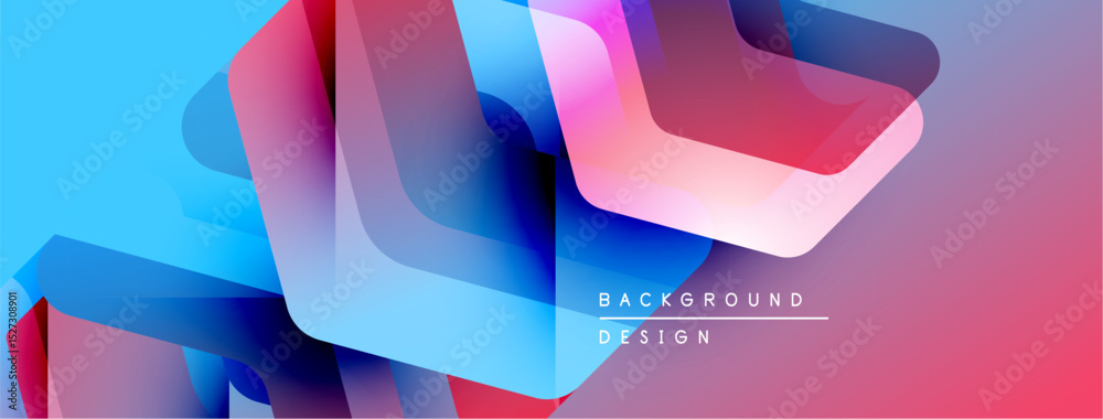 Poster abstract geometric shapes overlap, creating vibrant color gradients. blue, pink, purple hues dominat