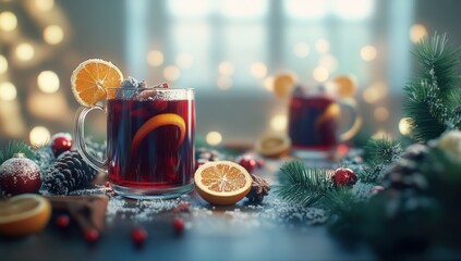 Cozy mulled wine scene with festive winter decorations and soft bokeh lights