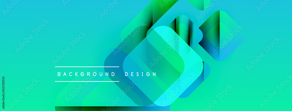 Poster Abstract geometric shapes overlap, creating dynamic gradient background. Turquoise, green hues dominate composition. Modern design element.