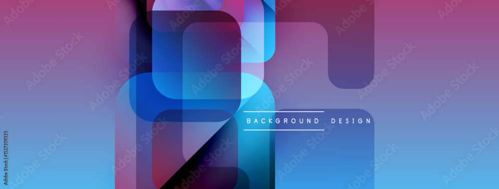 Poster abstract geometric shapes overlap, creating vibrant blue, purple gradients. modern design elements s