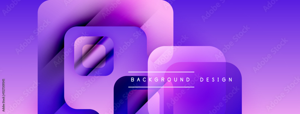 Poster abstract purple design features layered squares, gradients, text reading background design. modern, 