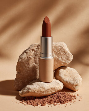 Lifelike packshot of earth tone brown lipstick resting on natural stones, showcasing its rich color and elegant design. warm tones create harmonious and inviting atmosphere