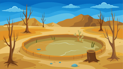 Fototapeta premium Abandoned and dried up the farmyard pond stood as a testament to the devastating effects of a dry spell.. Vector illustration