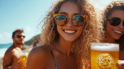 Group of people enjoying drinks on a sunny beach day, smiling with sunglasses