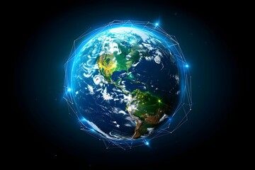realistic Earth globe with glowing digital data streams and network connections across continents, high-tech global communication, dark background
