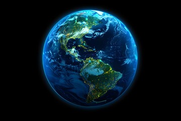 realistic Earth globe with glowing digital data streams and network connections across continents, high-tech global communication, dark background
