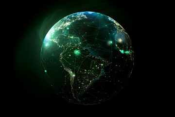 realistic Earth globe with glowing digital data streams and network connections across continents, high-tech global communication, dark background
