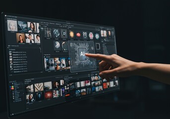 Finger taps AI interface for photo editing.