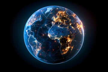 realistic Earth globe with glowing digital data streams and network connections across continents, high-tech global communication, dark background
