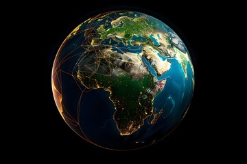 realistic Earth globe with glowing digital data streams and network connections across continents, high-tech global communication, dark background
