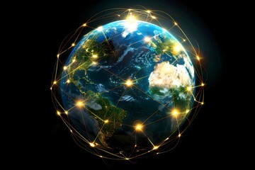 realistic Earth globe with glowing digital data streams and network connections across continents, high-tech global communication, dark background
