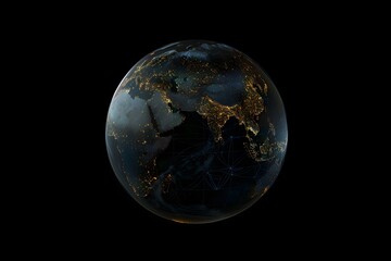 realistic Earth globe with glowing digital data streams and network connections across continents, high-tech global communication, dark background
