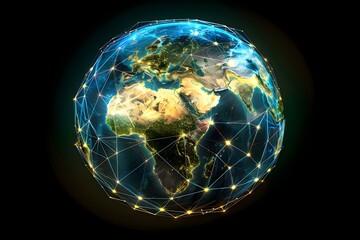 realistic Earth globe with glowing digital data streams and network connections across continents, high-tech global communication, dark background
