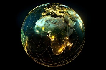 realistic Earth globe with glowing digital data streams and network connections across continents, high-tech global communication, dark background
