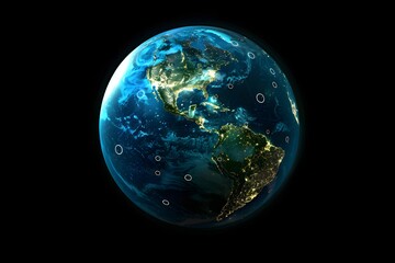 realistic Earth globe with glowing digital data streams and network connections across continents, high-tech global communication, dark background
