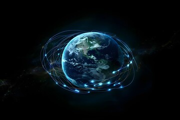 realistic Earth globe with glowing digital data streams and network connections across continents, high-tech global communication, dark background
