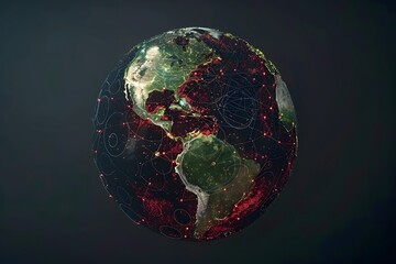 realistic Earth globe with glowing digital data streams and network connections across continents, high-tech global communication, dark background
