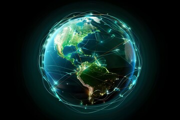 realistic Earth globe with glowing digital data streams and network connections across continents, high-tech global communication, dark background
