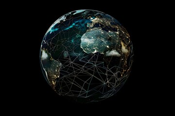 realistic Earth globe with glowing digital data streams and network connections across continents, high-tech global communication, dark background
