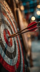 The archery target's centre is struck by the arrow.  Adroit aim and precision are demonstrated by the arrow's flawless hit on the target.