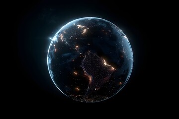 realistic Earth globe with glowing digital data streams and network connections across continents, high-tech global communication, dark background
