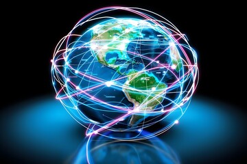 realistic Earth globe with glowing digital data streams and network connections across continents, high-tech global communication, dark background
