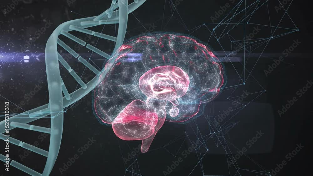Poster scene opening initiating dna rising and digital brain rotating with pulsating mesh in technology