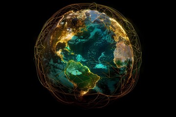 realistic Earth globe with glowing digital data streams and network connections across continents, high-tech global communication, dark background
