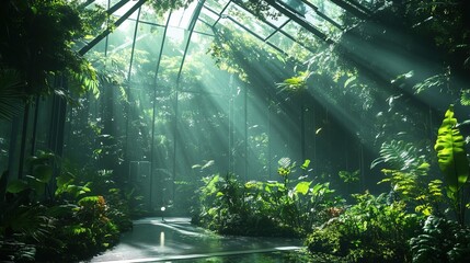 Obraz premium Dramatic Lush Greenhouse Interior with Sun Rays and Tropical Plants