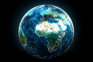 realistic Earth globe with glowing digital data streams and network connections across continents, high-tech global communication, dark background
