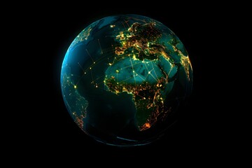 realistic Earth globe with glowing digital data streams and network connections across continents, high-tech global communication, dark background
