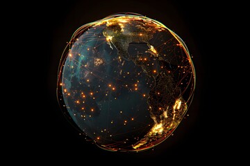 realistic Earth globe with glowing digital data streams and network connections across continents, high-tech global communication, dark background
