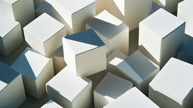 A collection of white cubes in a tight formation, with one cube slightly elevated, casting an interesting shadow on the surrounding cubes, creating a dynamic and modern visual,
